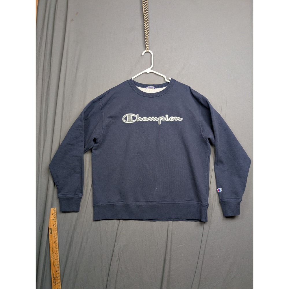 Champion Sweater Mens Large Blue Spell Out Logo Crew Pullover Casual Sweatshirt